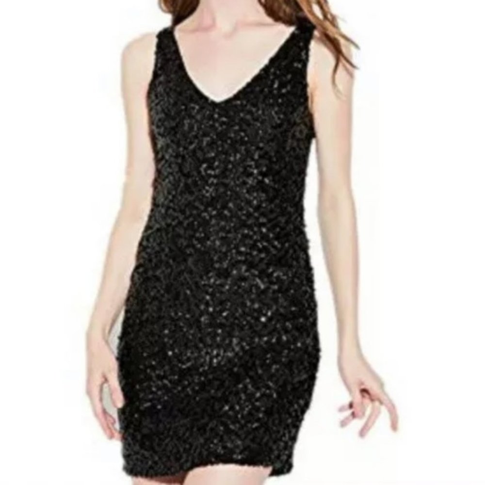 AMBER BLUE BLACK LINED‎ SEQUINED BODYCON DRESS SMALL-EUC